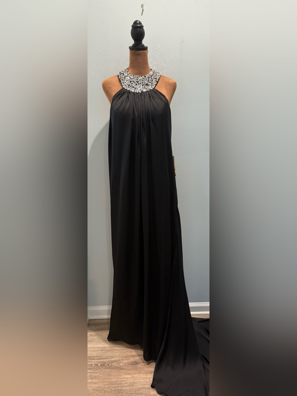 Elegant Black Halter Evening Gown with Jeweled Neckline